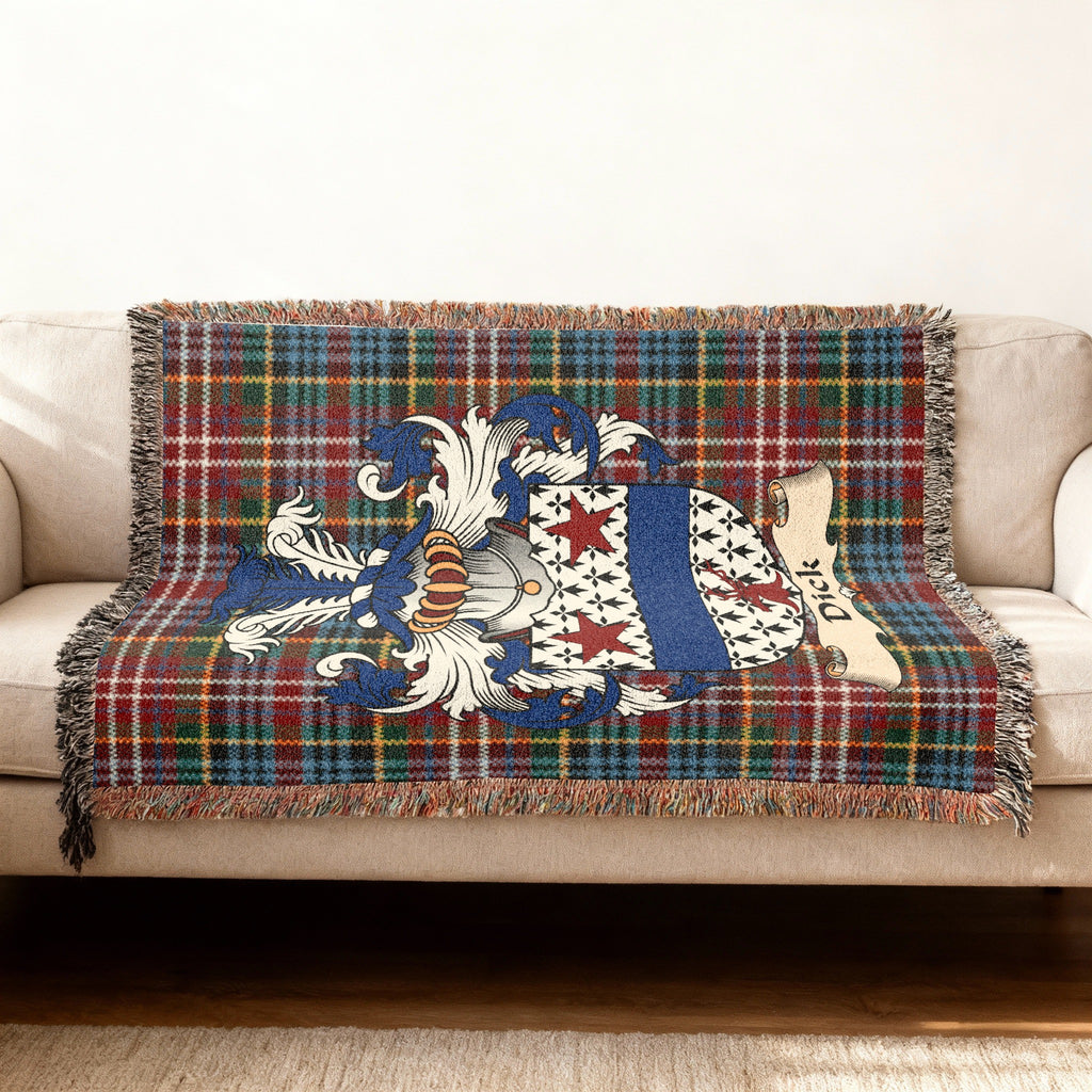 Dick Scottish woven blanket with family shield and Caledonia tartan background