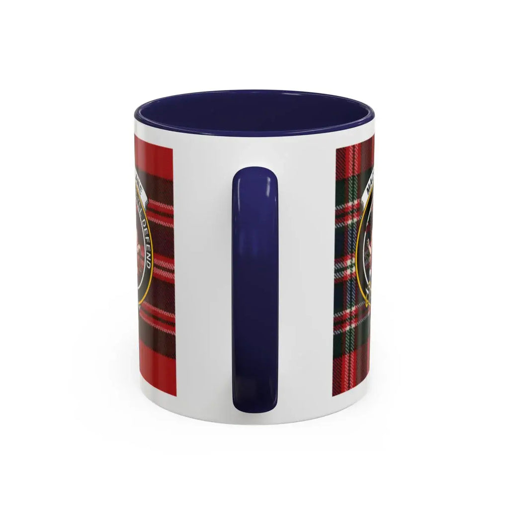 MacFarlane clan tartan patterned mug with clan emblem design — navy handle, glossy ceramic