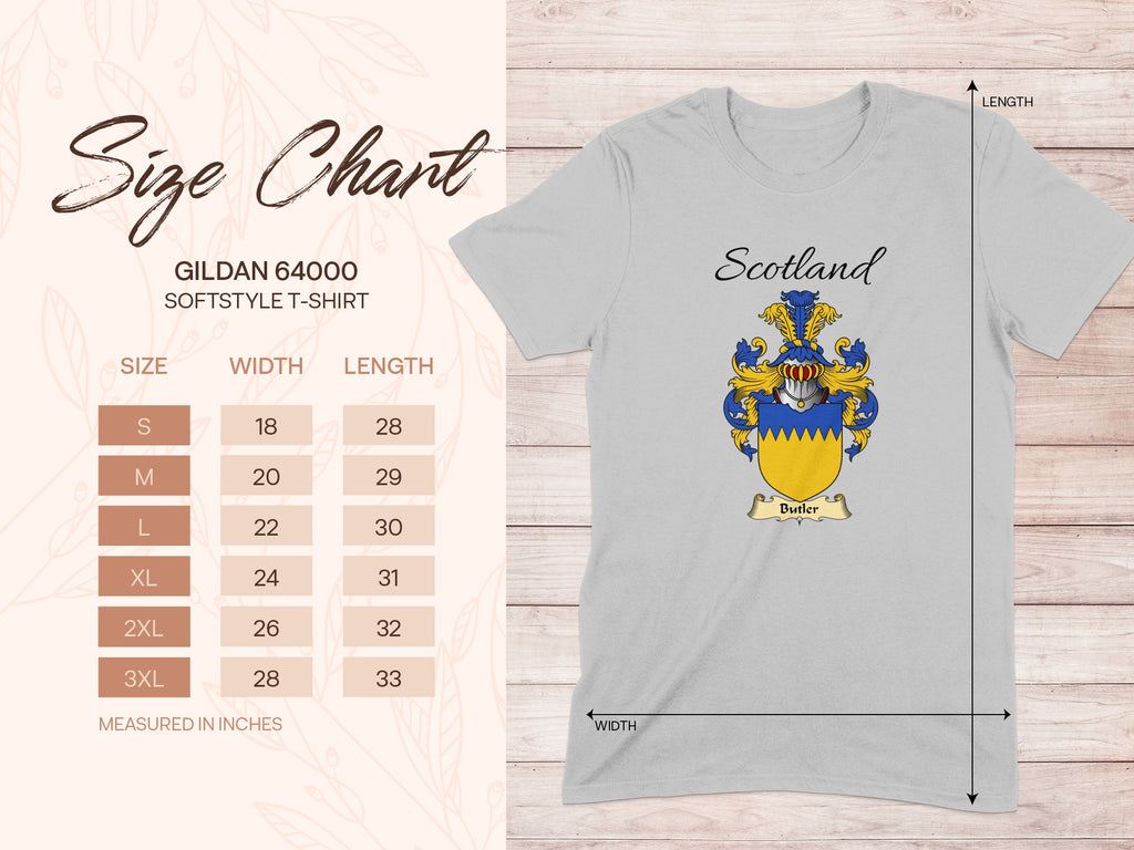 Gildan 64000 size chart for the Butler unisex T-shirt, sizes S to 3XL