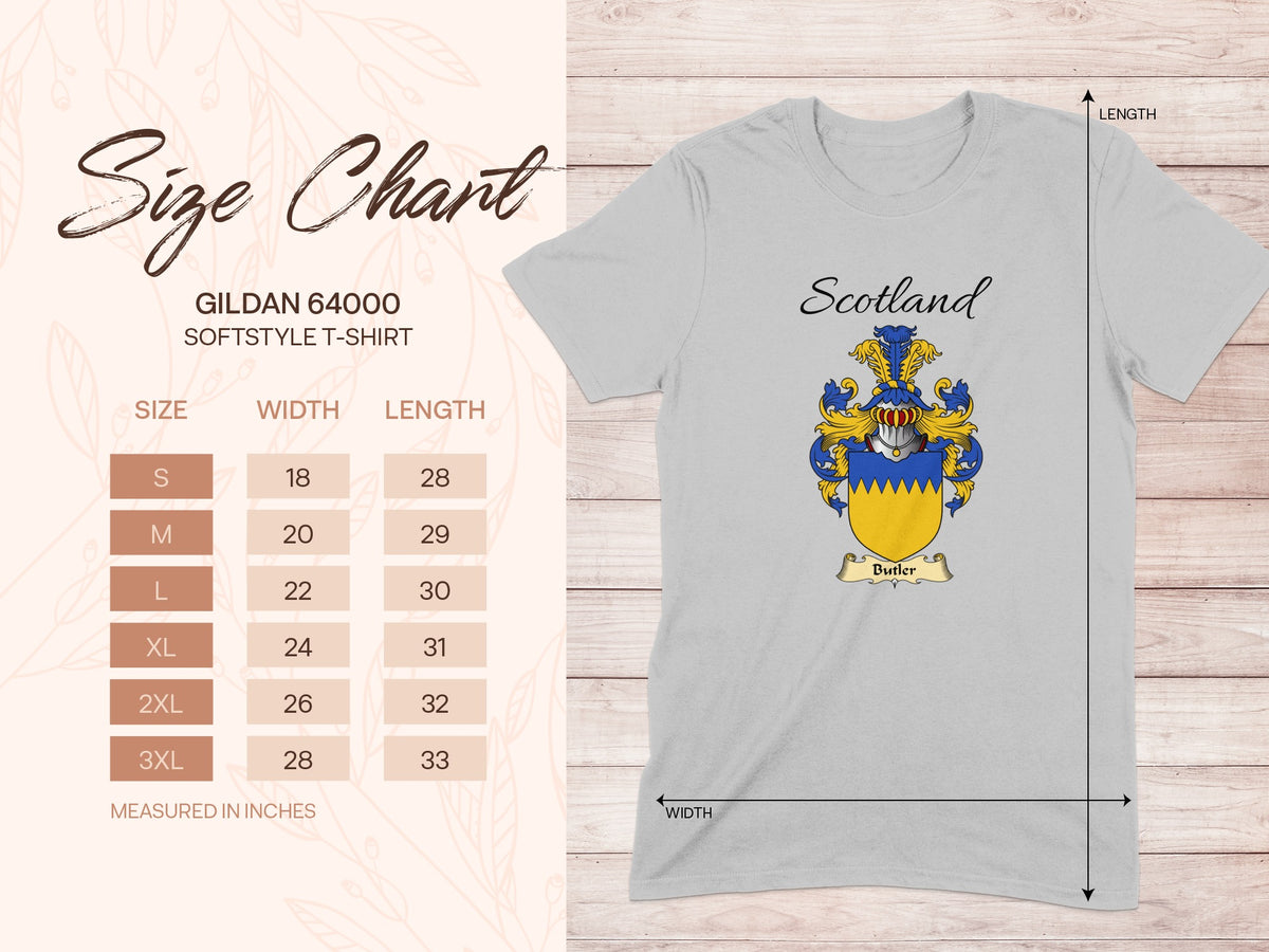 Gildan 64000 size chart for the Butler unisex T-shirt, sizes S to 3XL