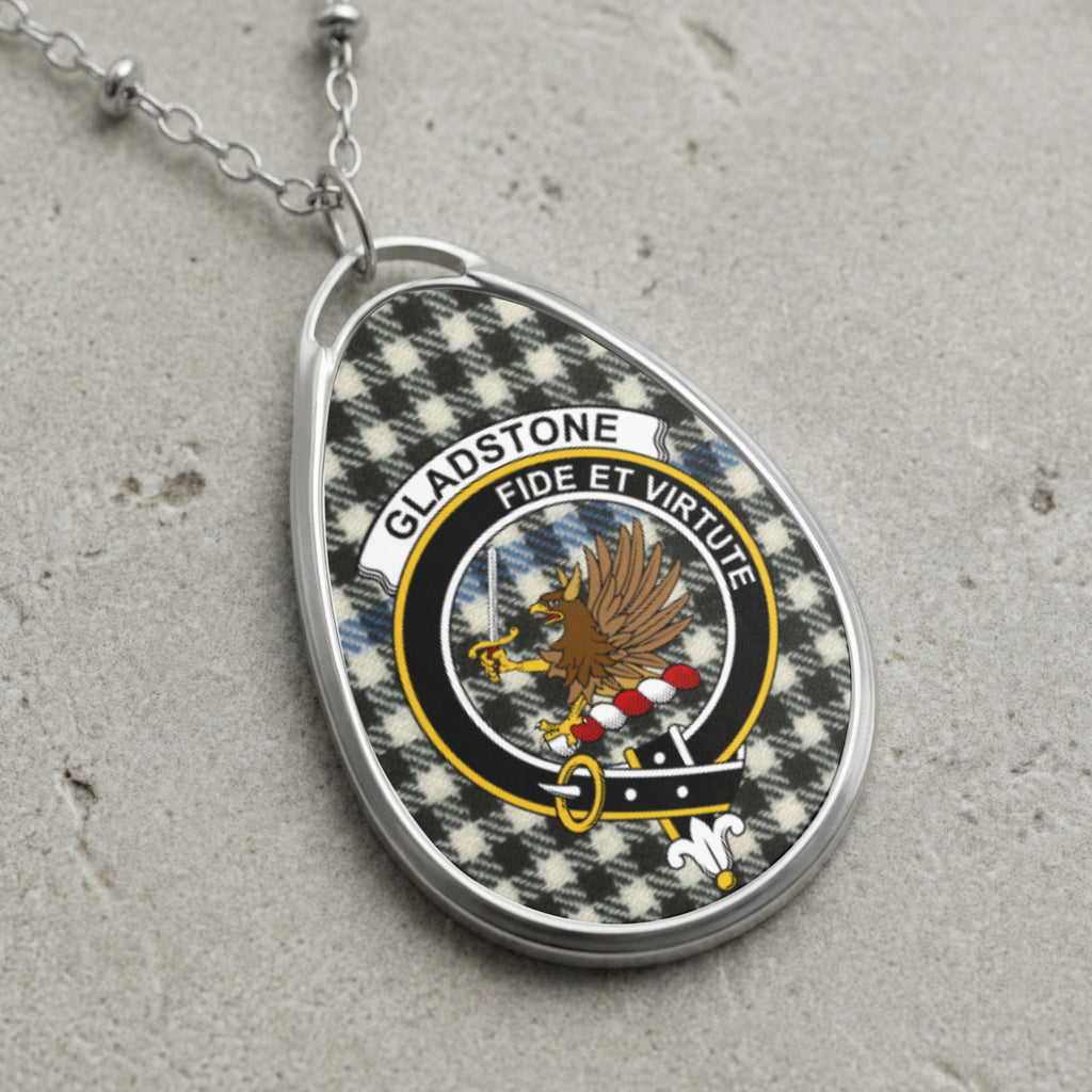 Gladstone clan Scottish tartan necklace with clan crest and Fide et Virtute motto on tartan background