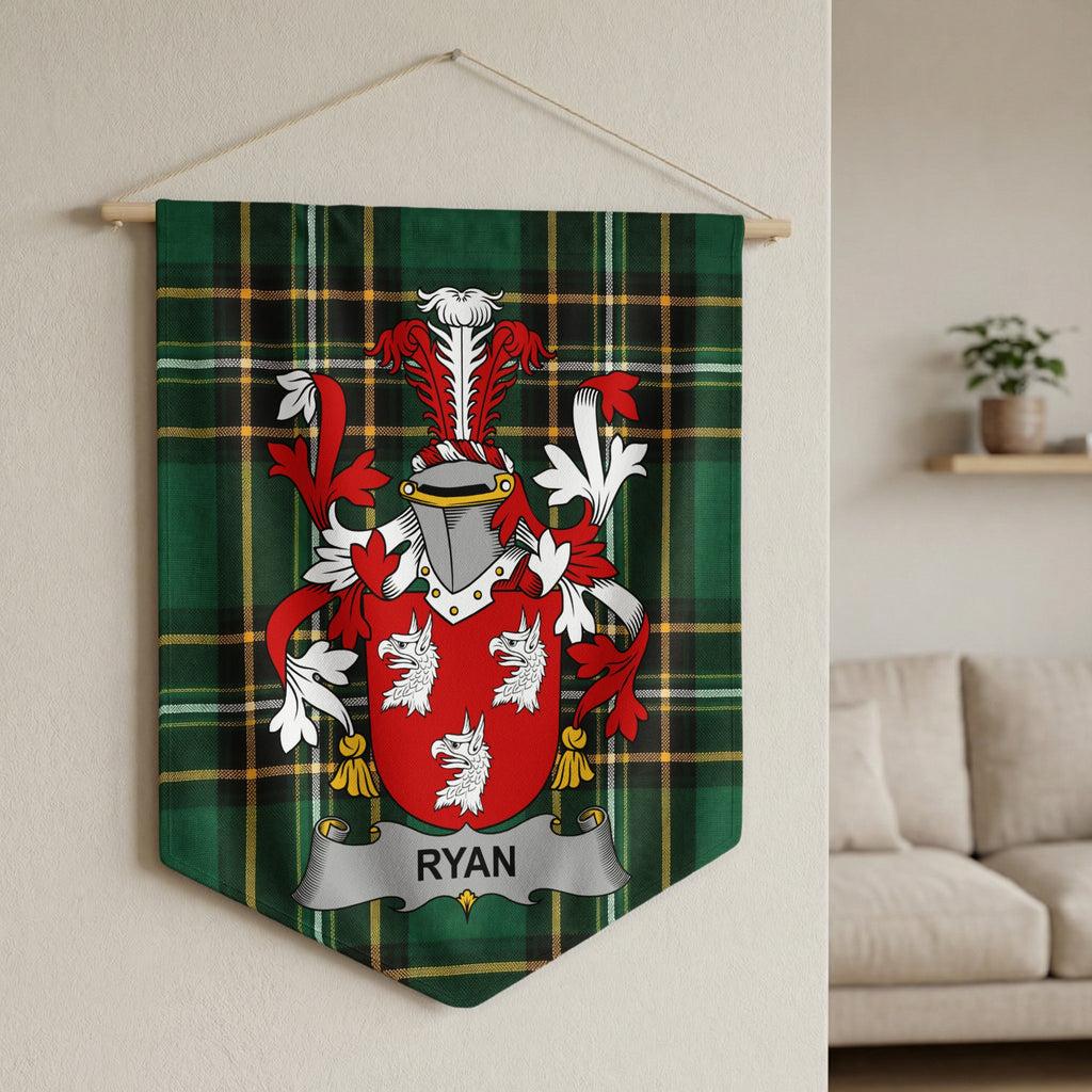 Ryan family crest on green tartan banner hanging indoors.