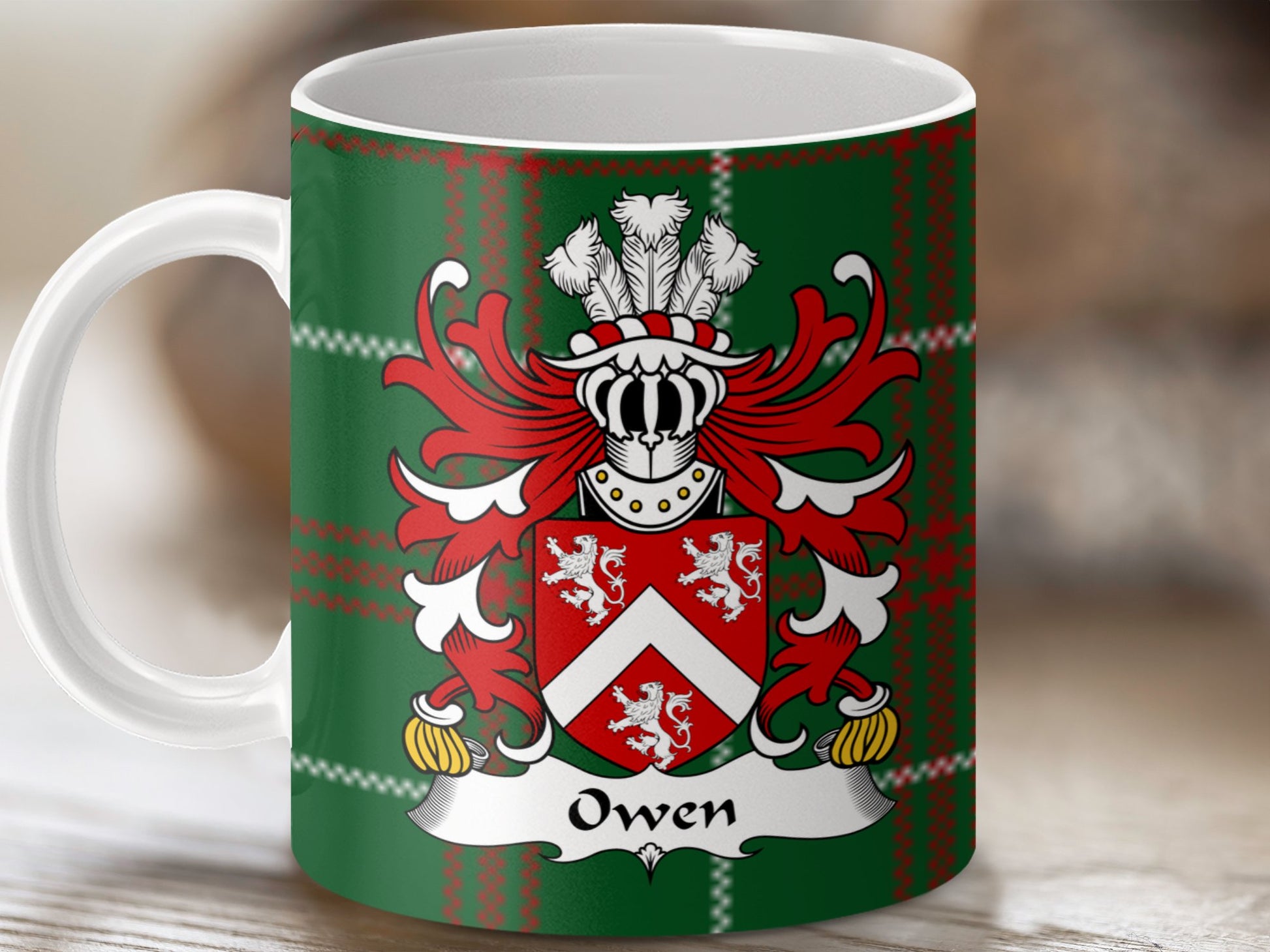 Owen Welsh Crest on National Tartan Background Mug - Living Stone Gifts