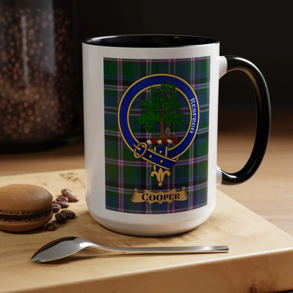 Close-up of the Cooper clan crest printed on a ceramic mug