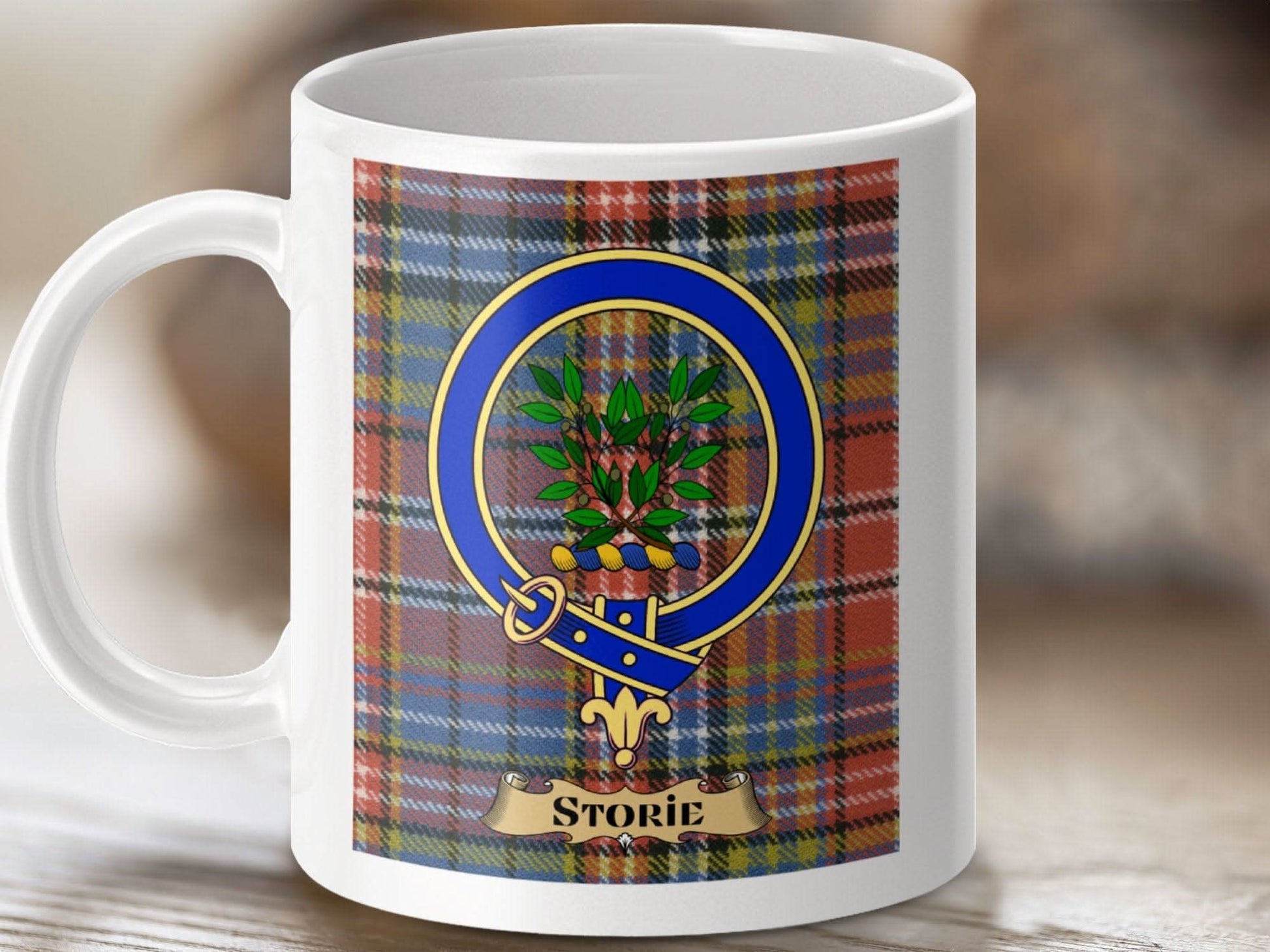 Clan Storie Tartan Mug with Scottish Crest design product