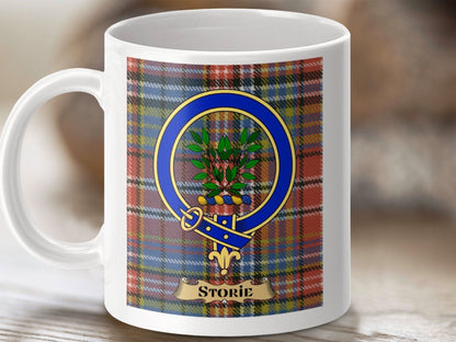 Clan Storie Tartan Mug with Scottish Crest design product