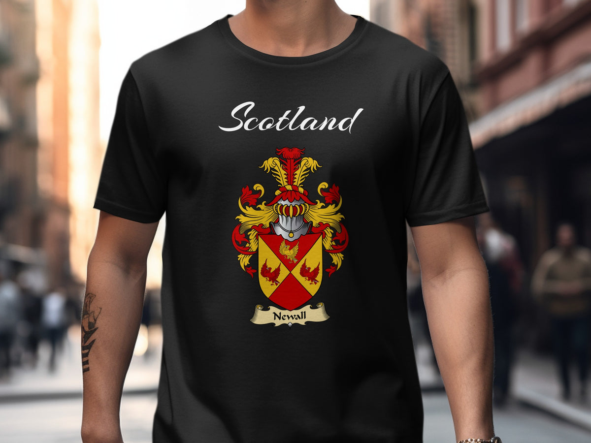 Newall Scottish family shield design on Black T-shirt