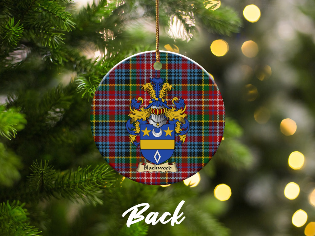 Double-sided Blackwood ceramic ornament with family shield and Caledonia tartan background