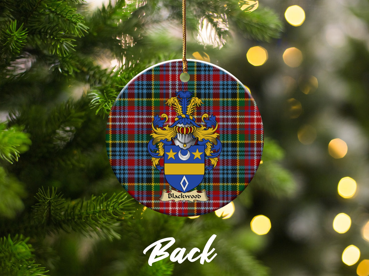 Double-sided Blackwood ceramic ornament with family shield and Caledonia tartan background