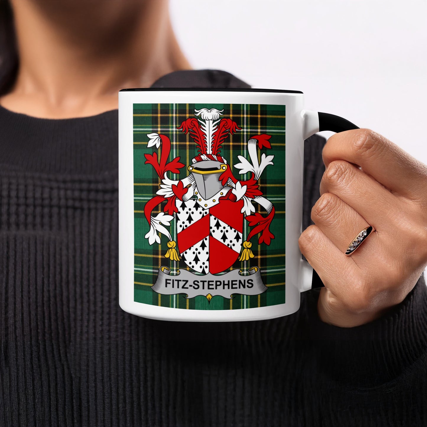 Mug featuring the Fitz-Stephens coat of arms on a tartan background.