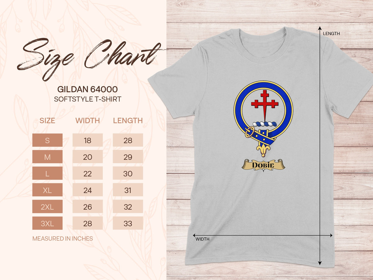 Gildan 64000 size chart for Dobie Scottish clan crest T-shirt
