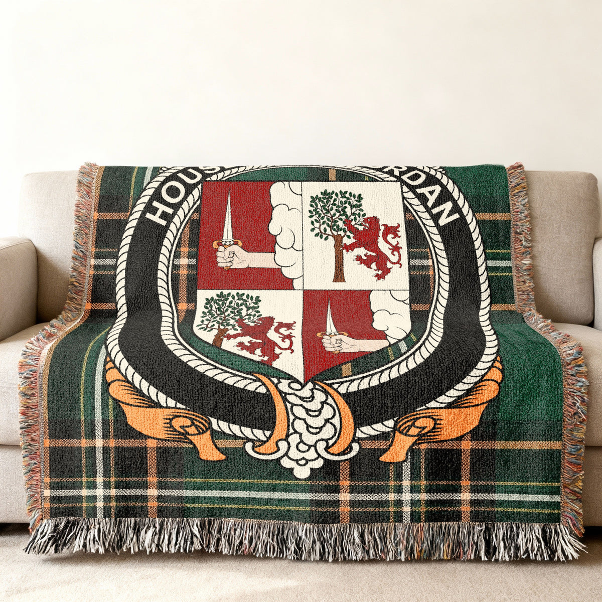 O'Riordan Irish National Tartan woven blanket displayed on a sofa