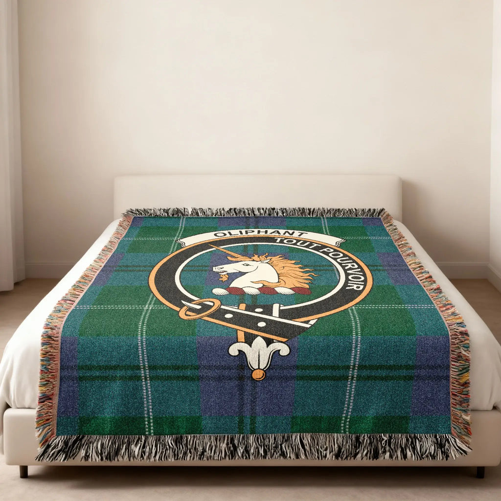 Clan Oliphant woven blanket — full view, tout pourvoir crest, 80x60 size