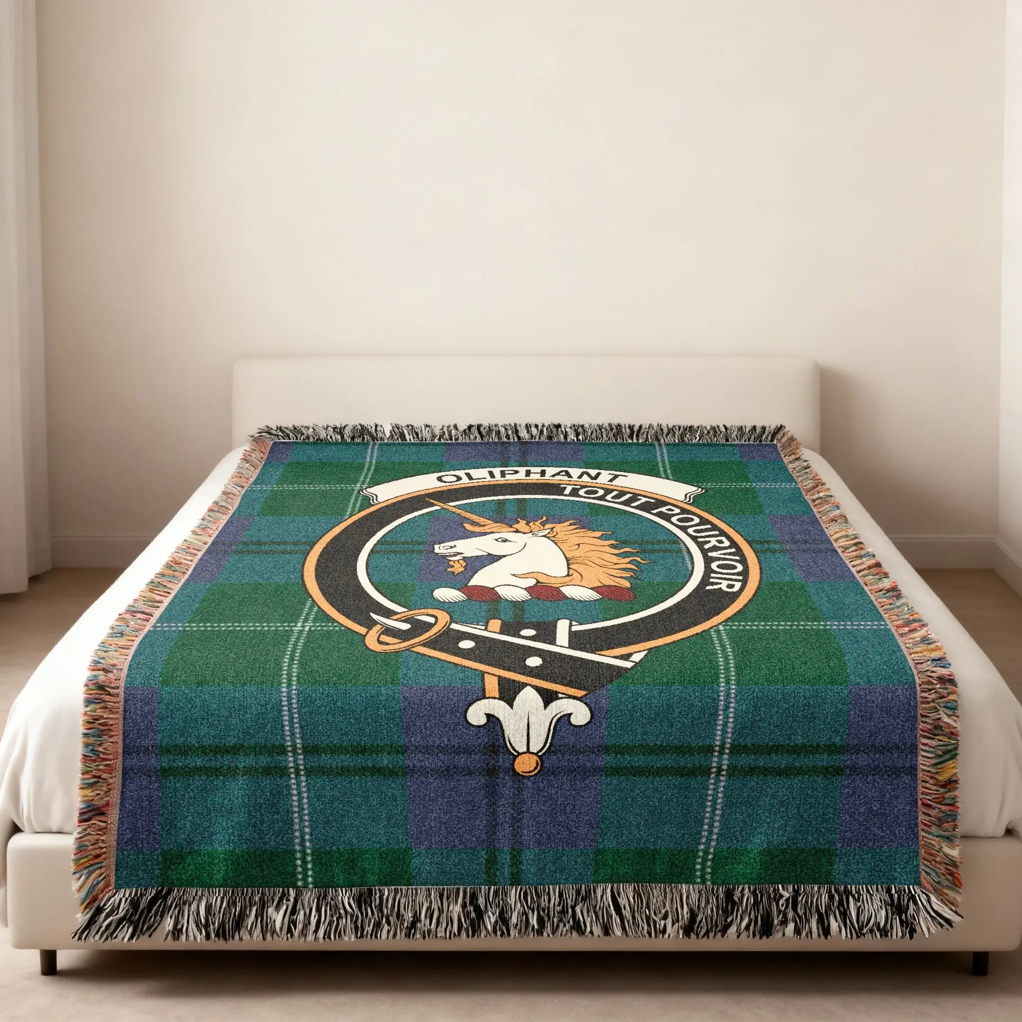 Clan Oliphant woven blanket — full view, tout pourvoir crest, 80x60 size
