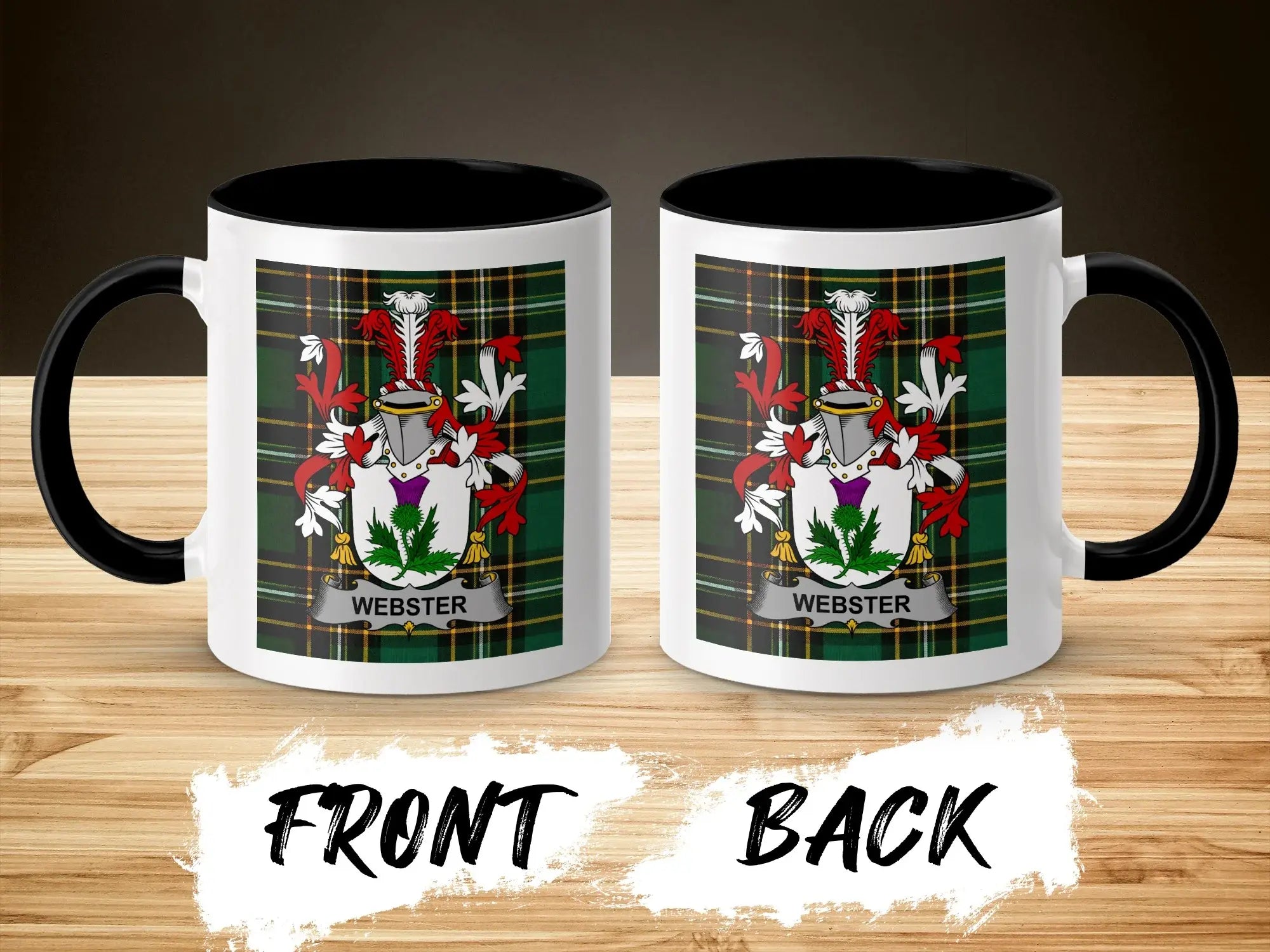 Two mugs with Webster family crest on plaid background, front and back views.