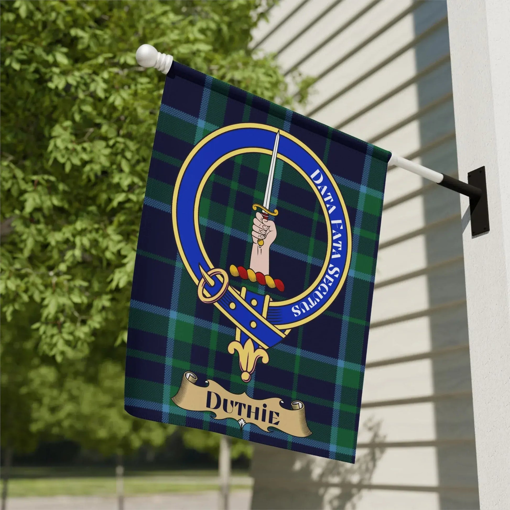 Duthie Family Crest Flag with Tartan Background product