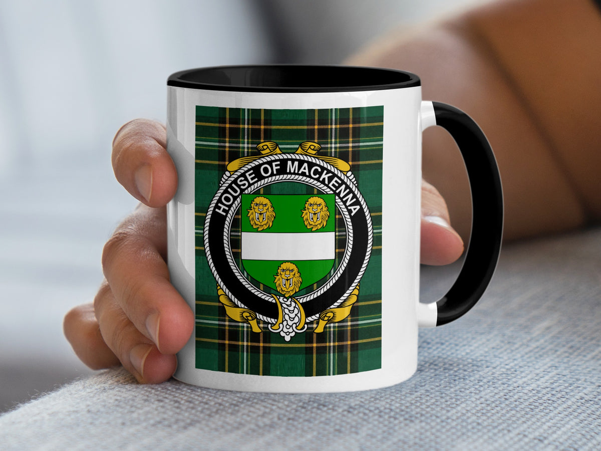 Mackenna Irish National Tartan mug with family crest emblem