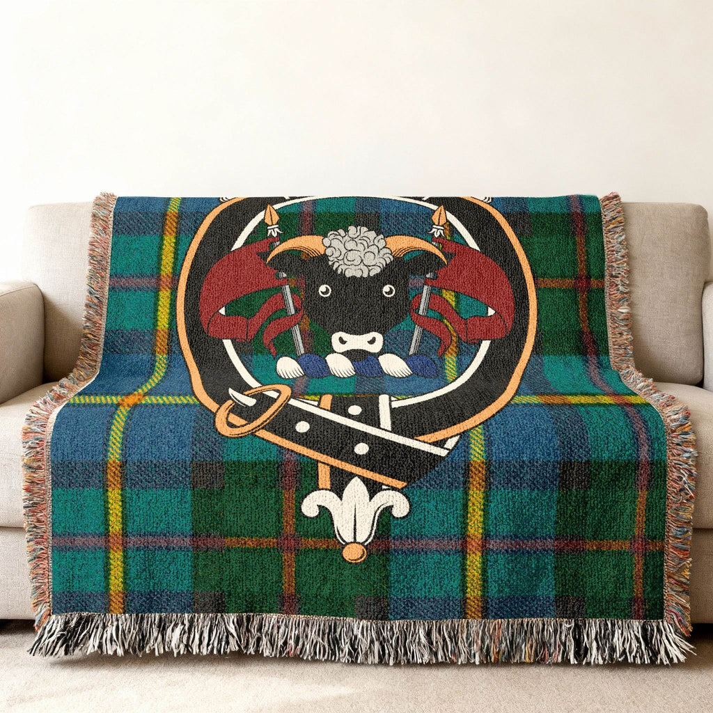 MacLeod Scottish clan crest tartan woven blanket — Hold Fast heraldic design visible
