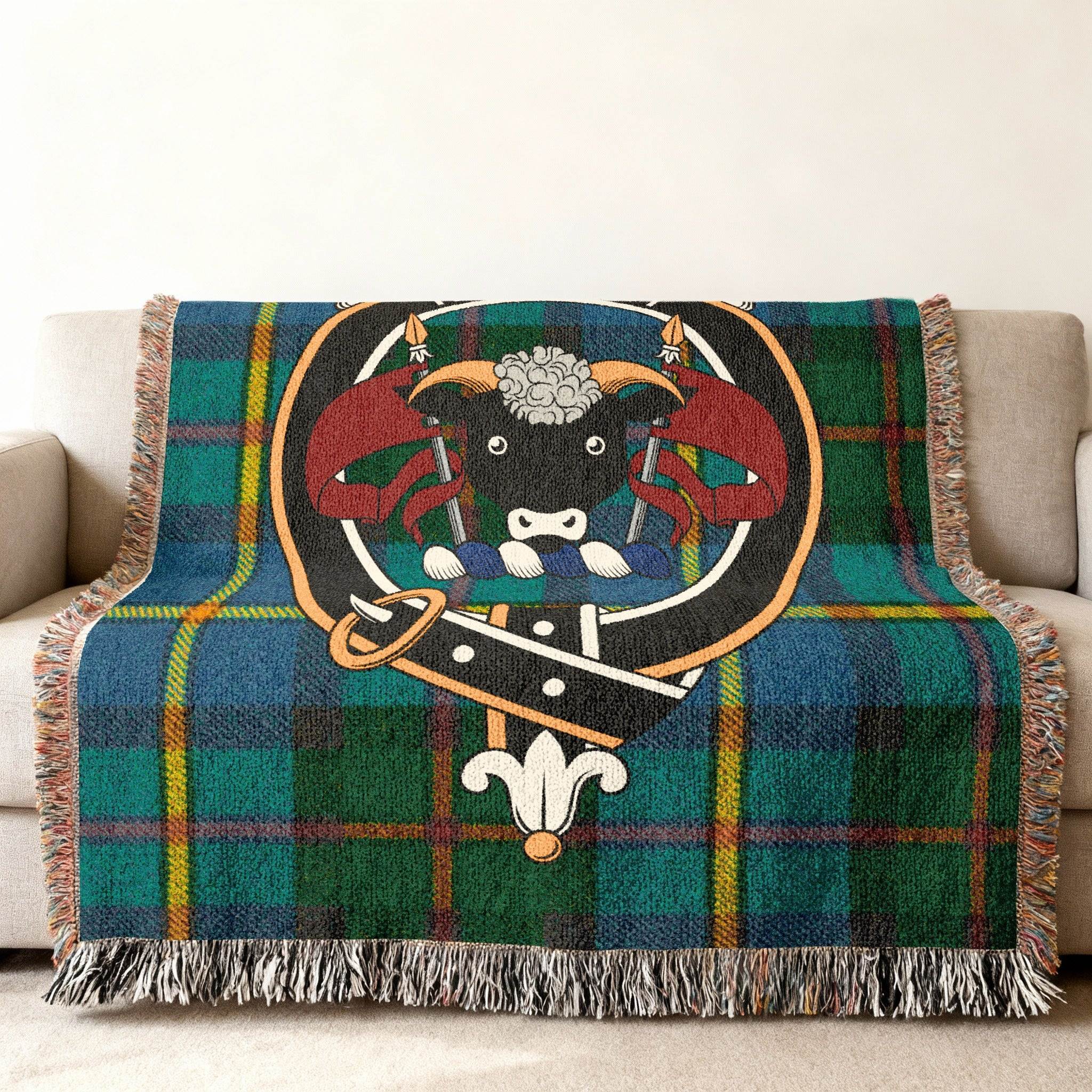 MacLeod Scottish clan crest tartan woven blanket — Hold Fast heraldic design visible