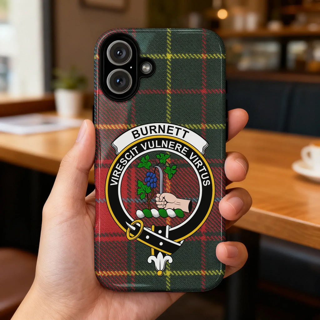 Clan Burnett tartan case on iPhone — full wrap crest and motto design, back view