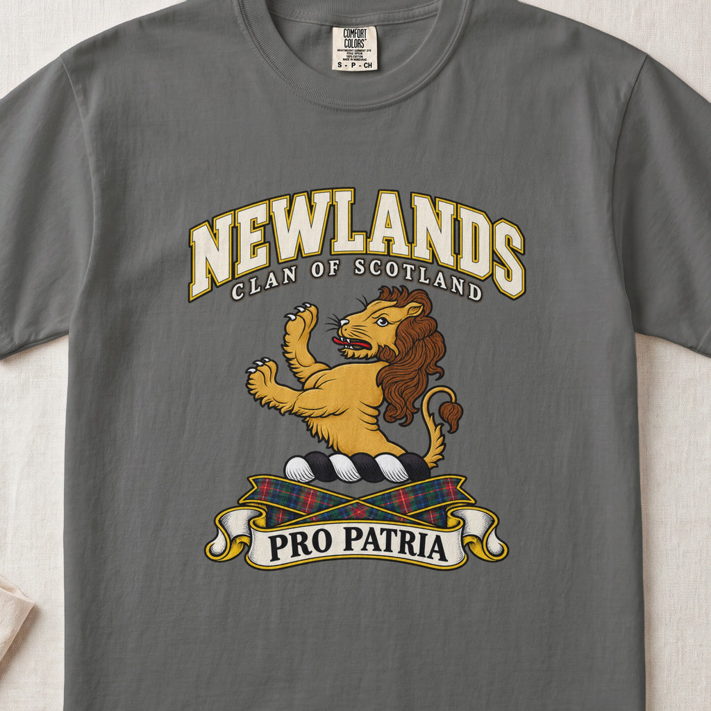 Newlands Scottish clan T-shirt in Pepper, front view with a golden lion standing upright and motto design.
