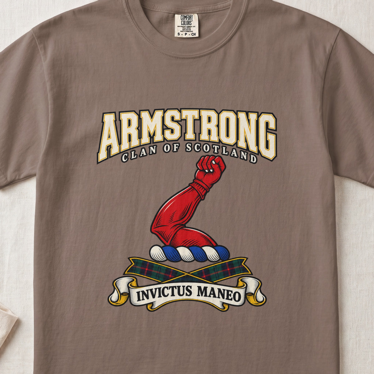 Armstrong Scottish clan graphic T-shirt in Espresso, front view