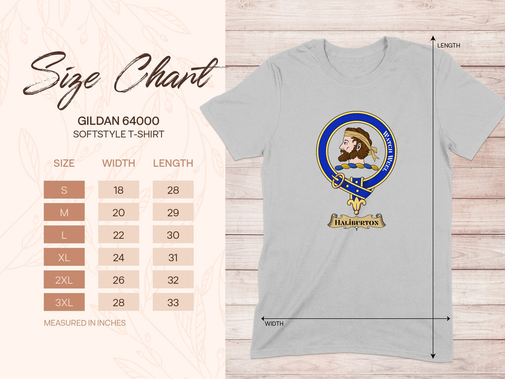 Gildan 64000 size chart for Haliburton Scottish clan crest T-shirt