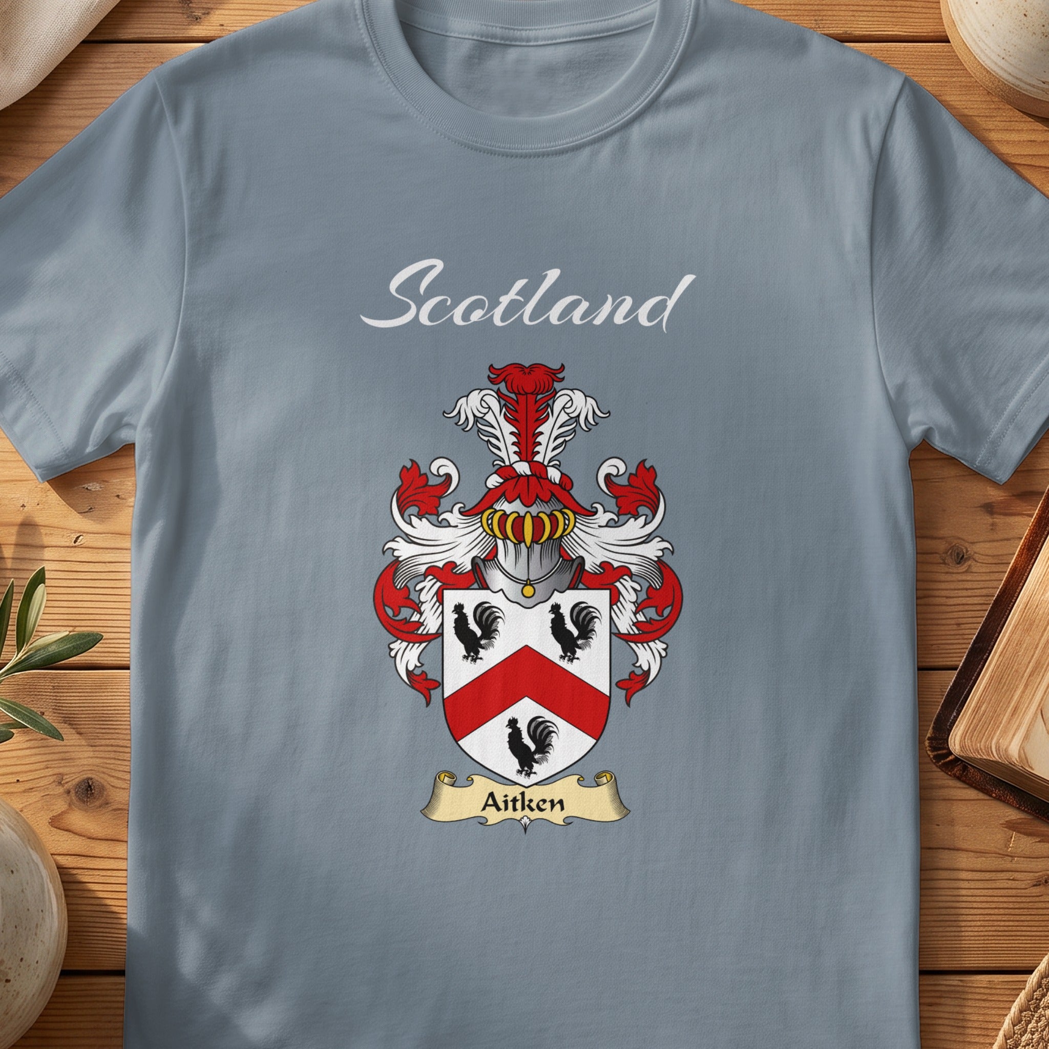 Aitken Scottish family shield T-shirt in Stone Blue