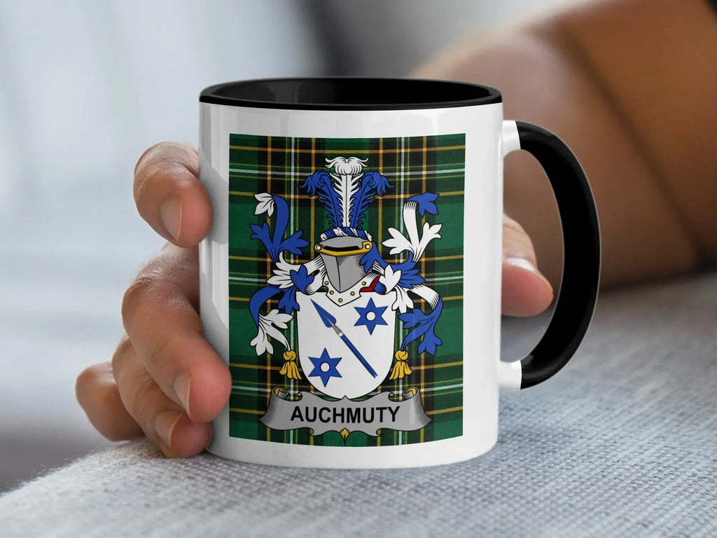 Auchmuty Irish family crest accent mug with black handle on Irish National Tartan