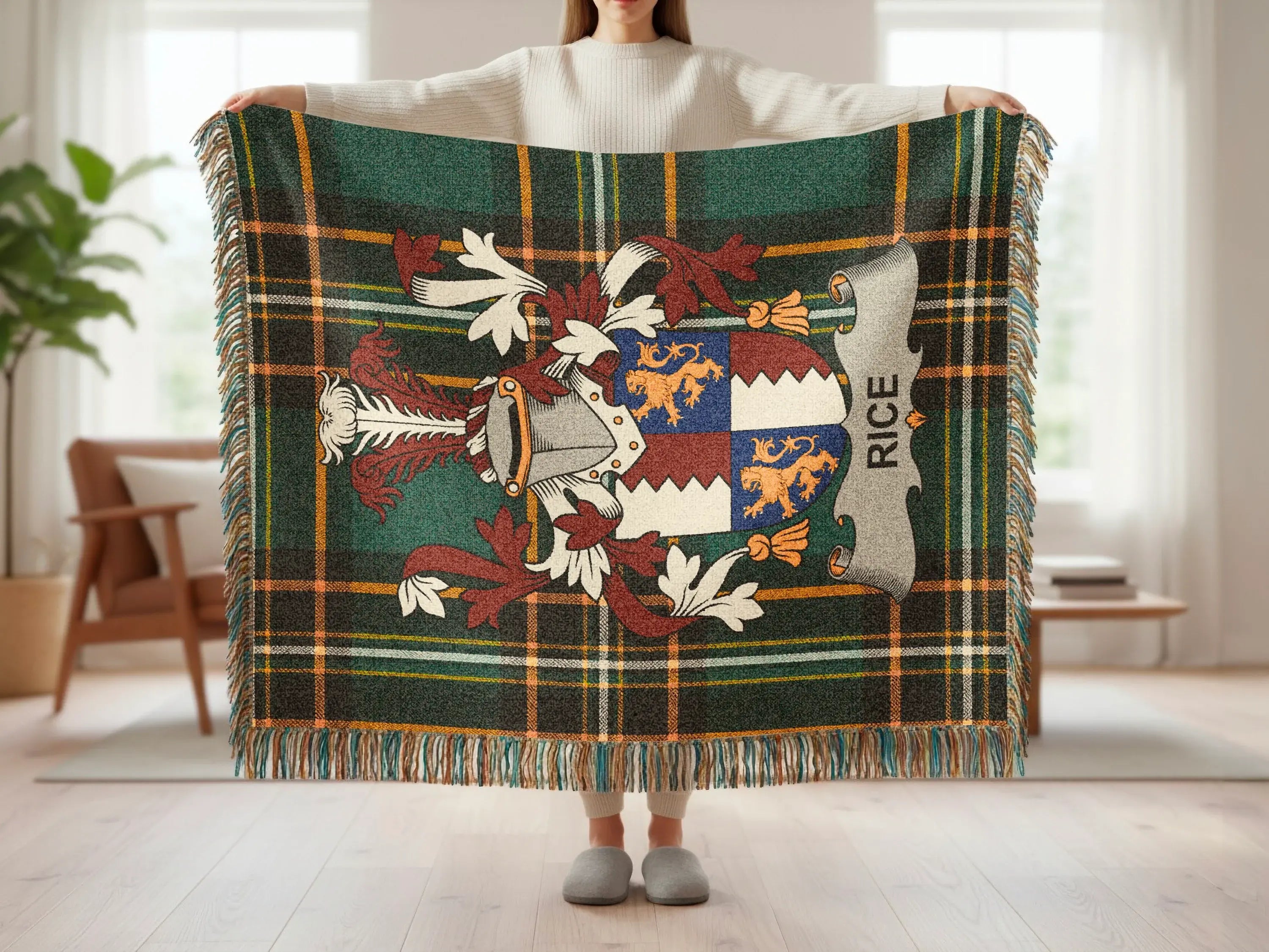 Tartan blanket with crest featuring shield and banner with "RICE" text.
