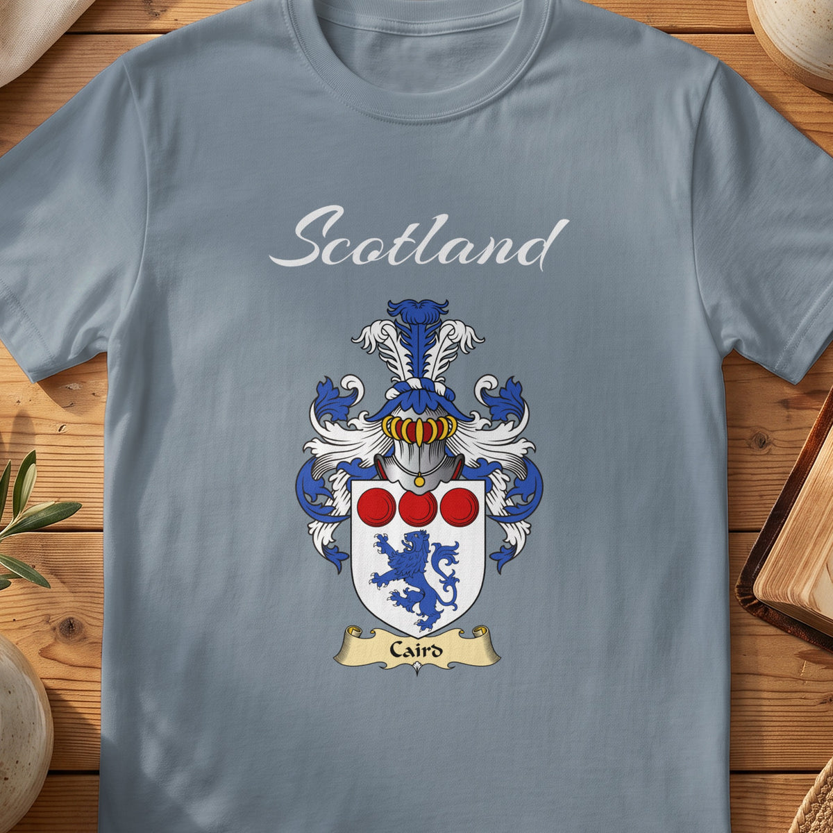 Caird Scottish family shield T-shirt in Stone Blue