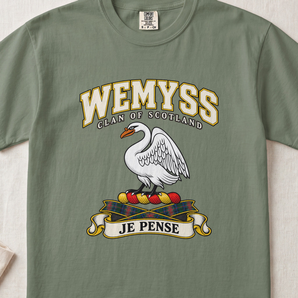 Wemyss Scottish clan T-shirt in Moss, front view with a white swan and motto design.