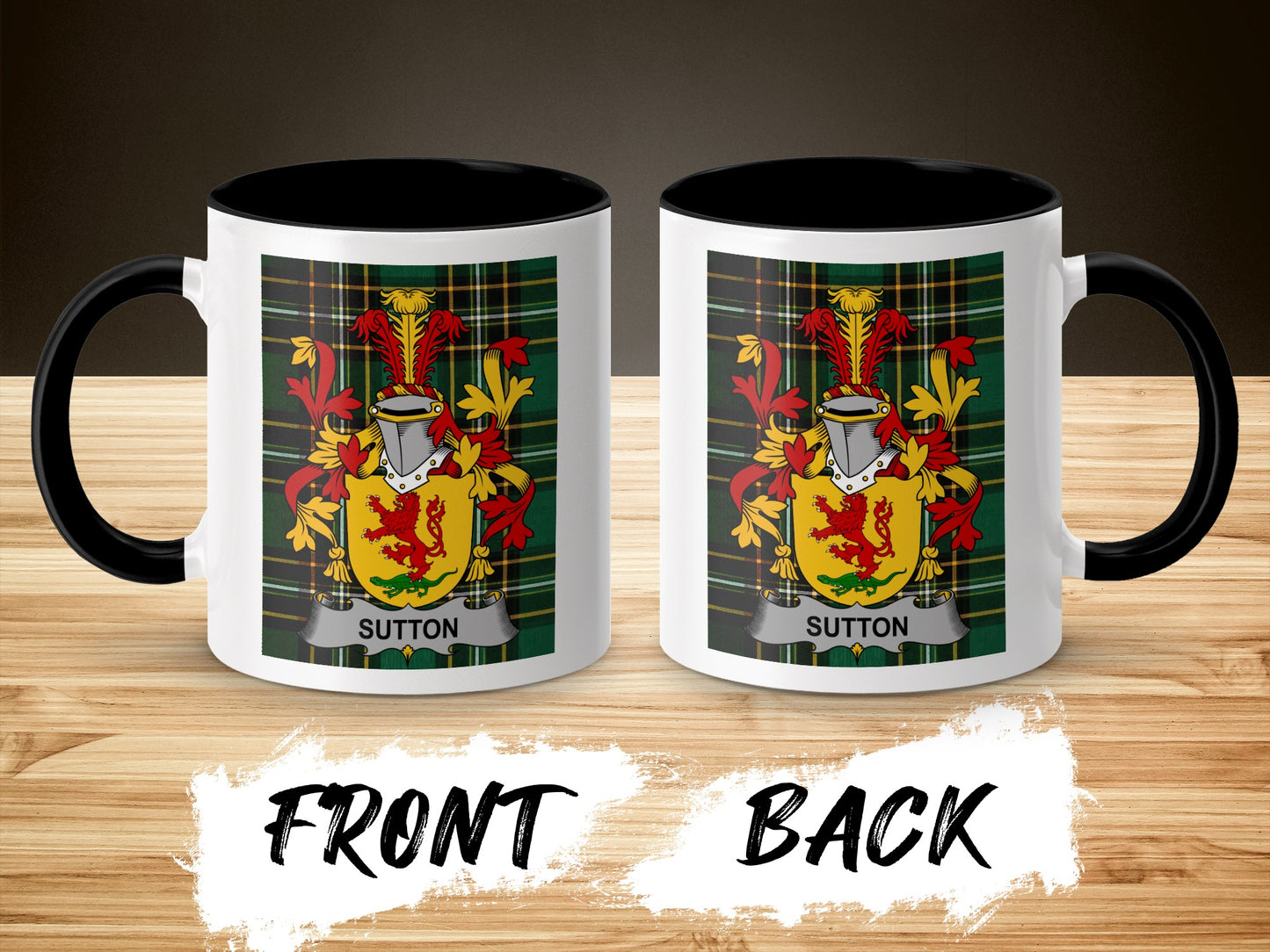 Mug with Sutton family crest on front and back.