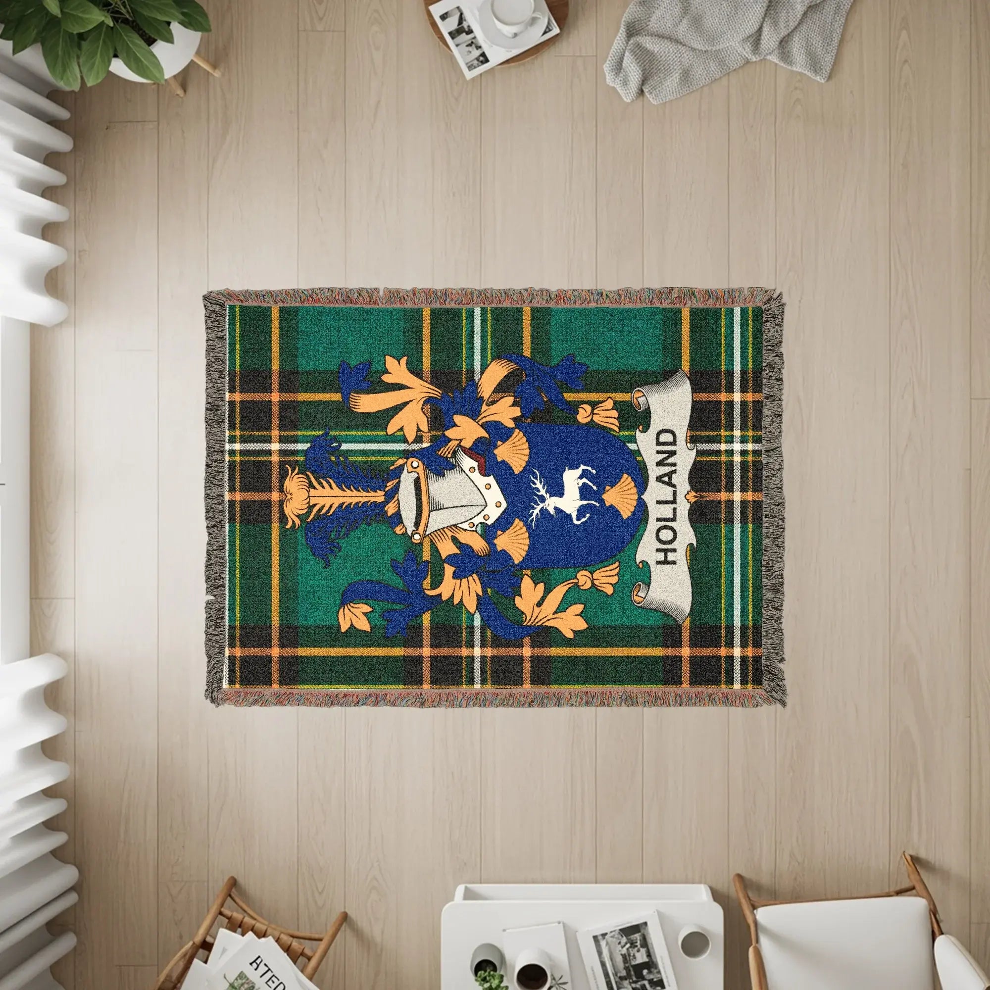 Tapestry with Holland family crest on green and blue plaid background.