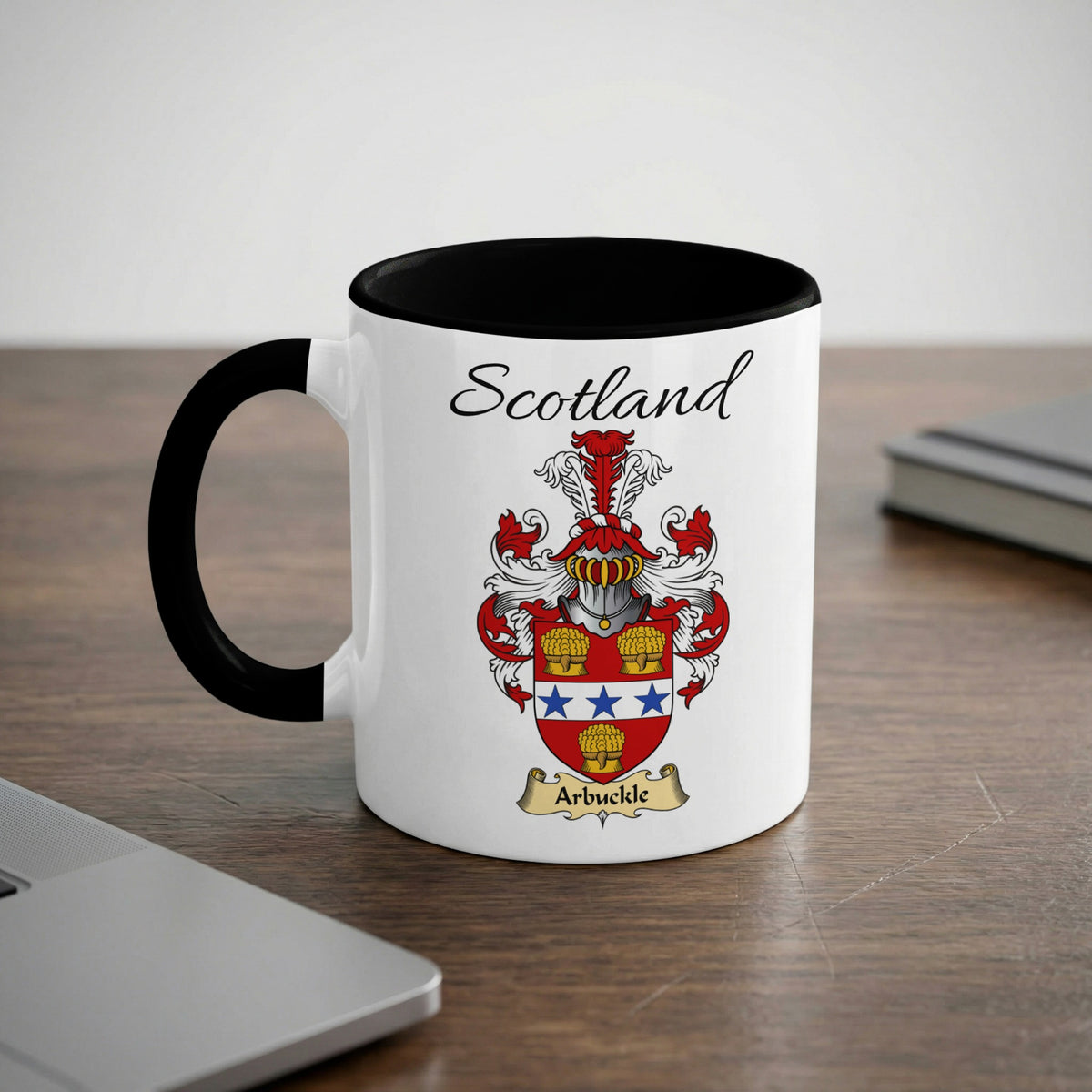 Arbuckle Scottish family crest accent mug with Scotland lettering and coat of arms artwork