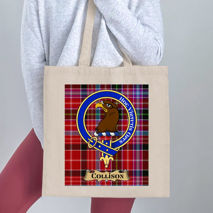 Collison Clan Crest Scottish Tartan Background Tote Bag - Living Stone Gifts