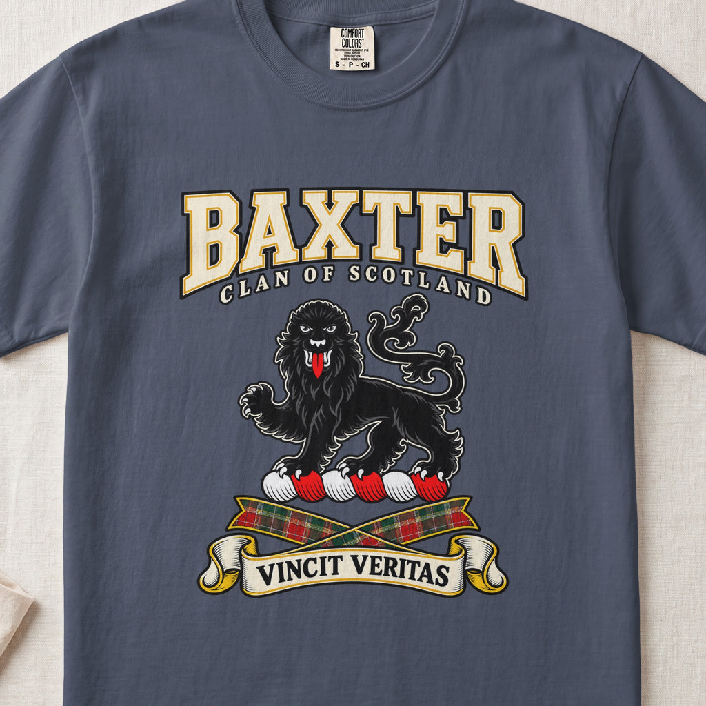 Baxter Scottish clan graphic T-shirt in Midnight, front view