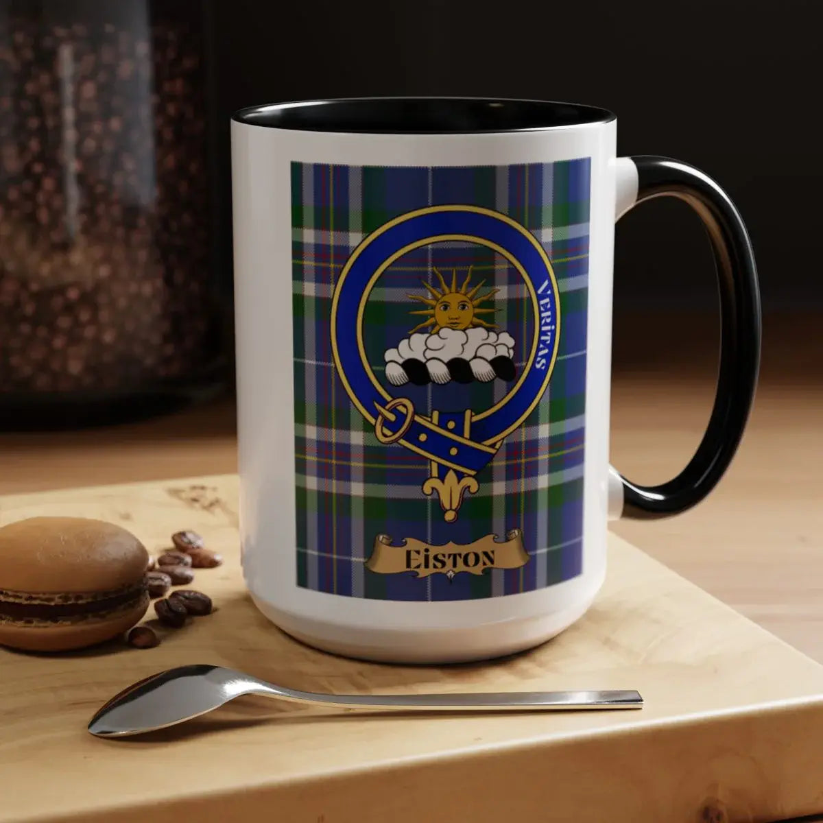 Close-up of the Eiston clan crest printed on a ceramic mug