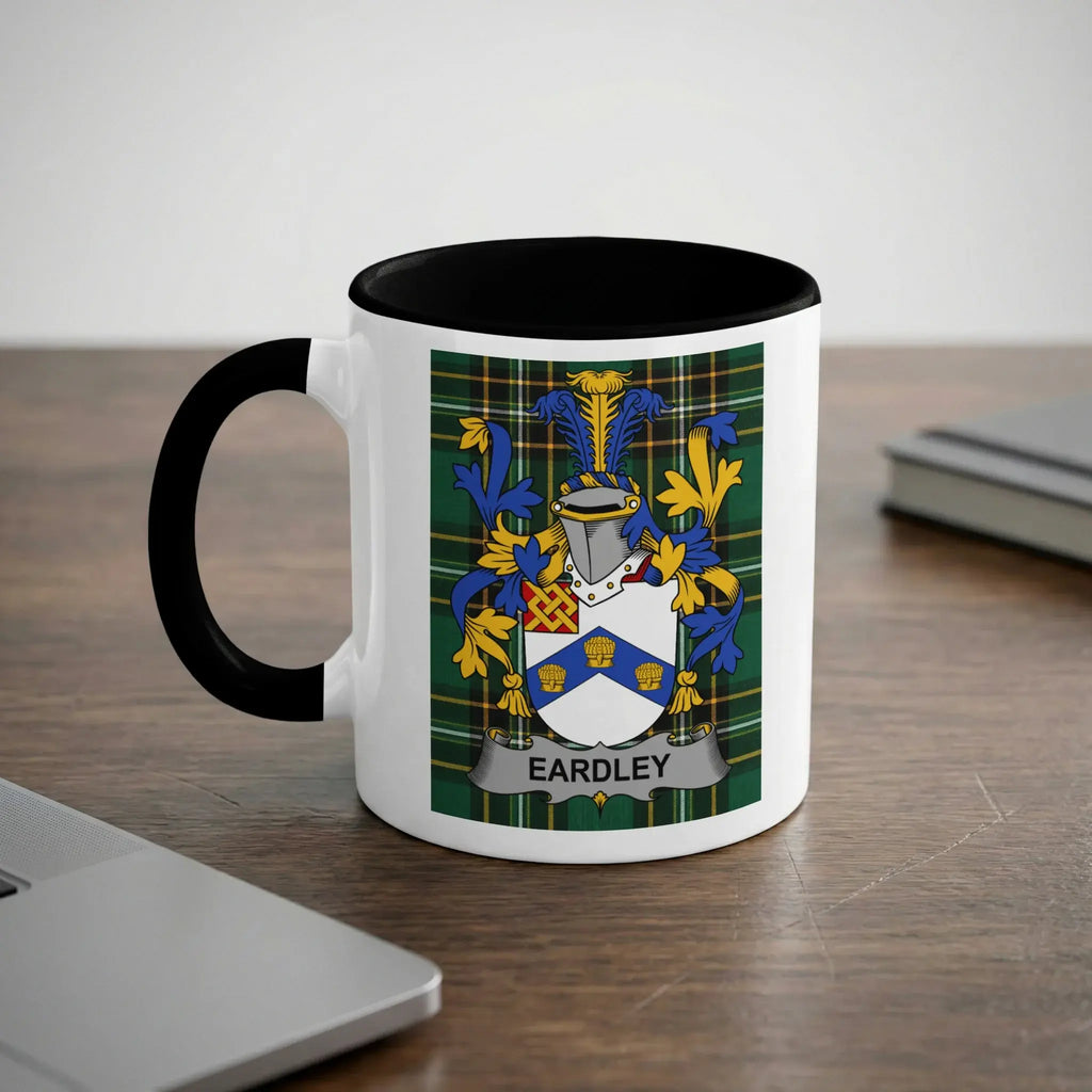 White mug with black handle featuring the Eardley family crest.