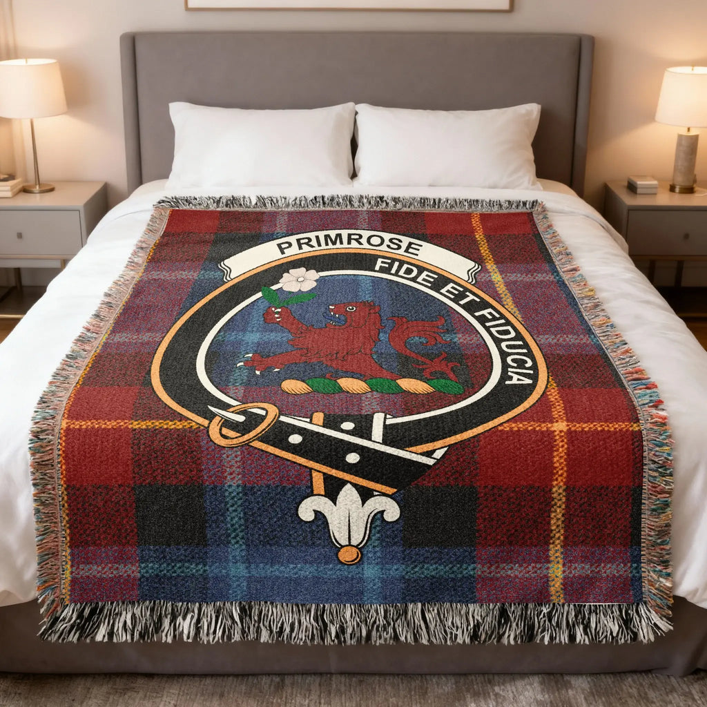 Clan Primrose tartan woven blanket — 100% cotton with crest and plaid detail