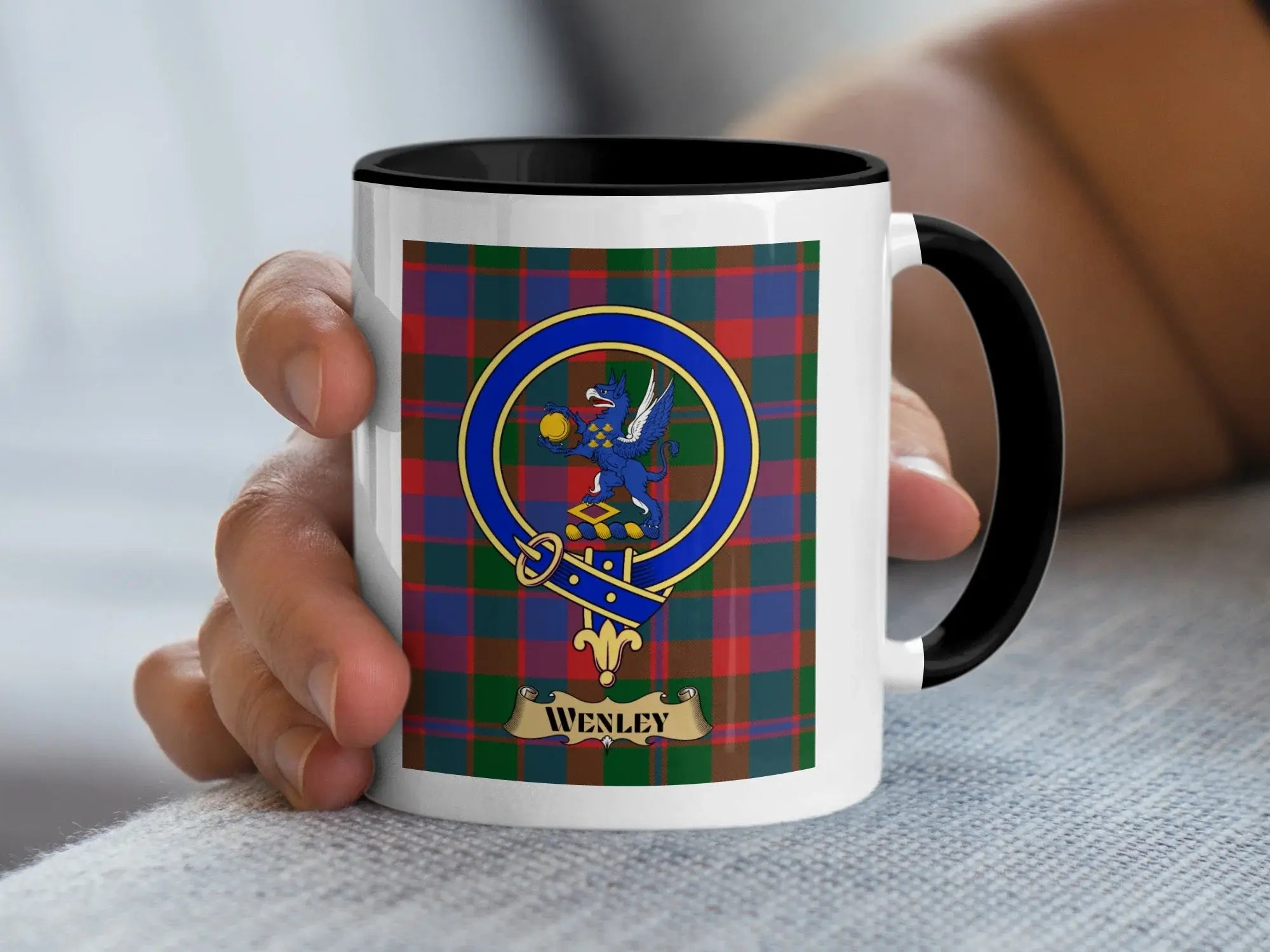 Wenley tartan mug with a coloured accent handle and interior