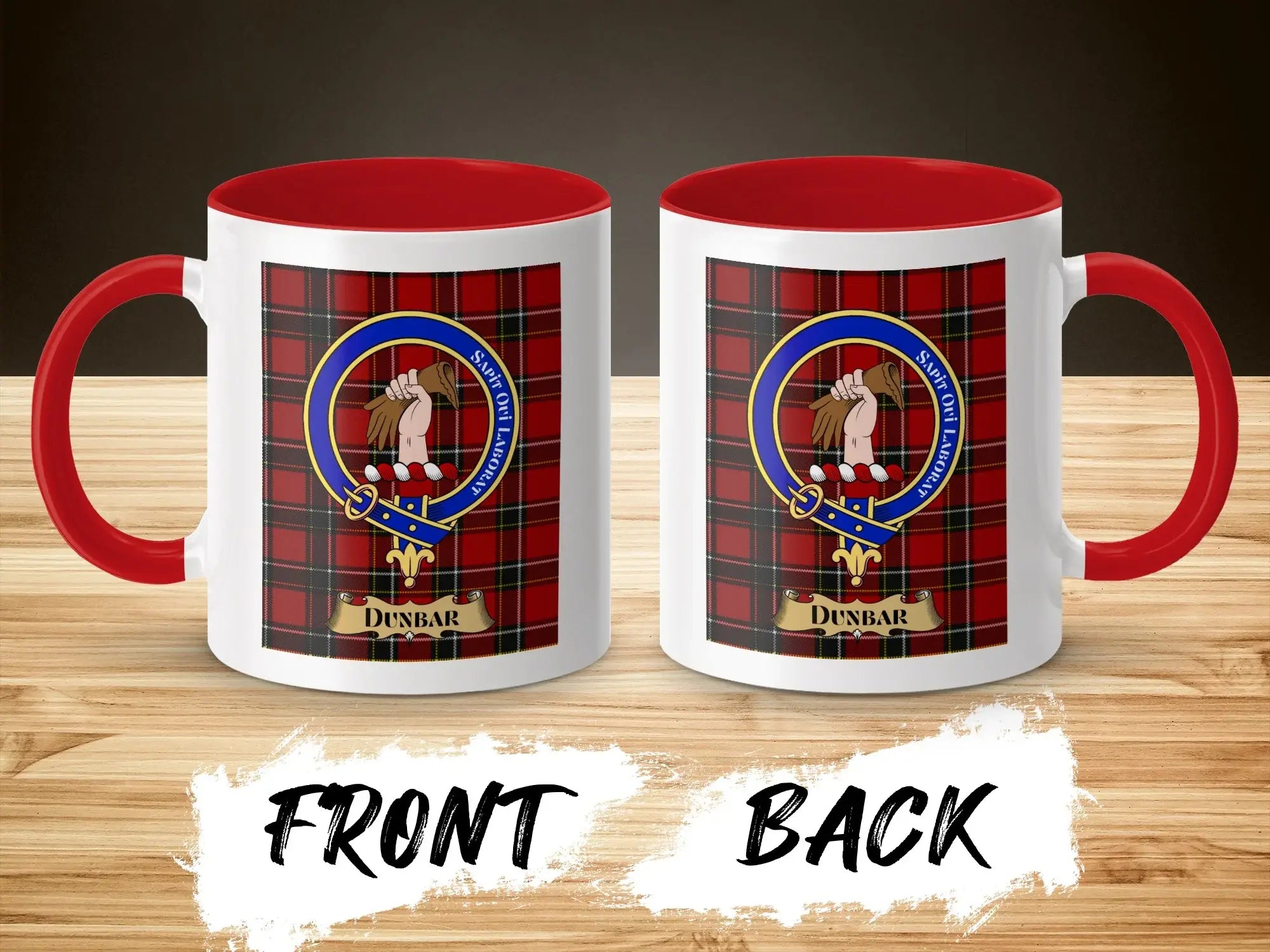 Dunbar tartan-background crest mug shown as a Scottish heritage gift