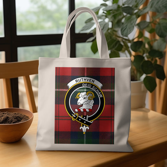 Vibrant Scottish Clan Crest on Tartan Background Tote Bag - Living Stone Gifts