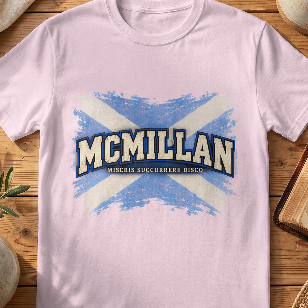 McMillan Scottish Saltire T-shirt in Light Pink, with distressed blue and cream flag and “Miseris Succurrere Disco” lettering.