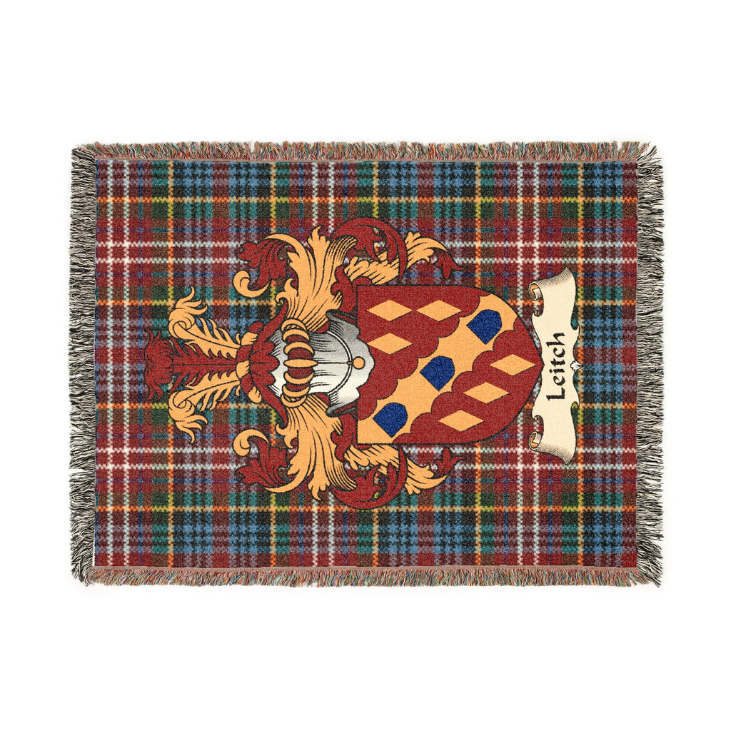 Leitch Scottish woven blanket with family shield and Caledonia tartan background