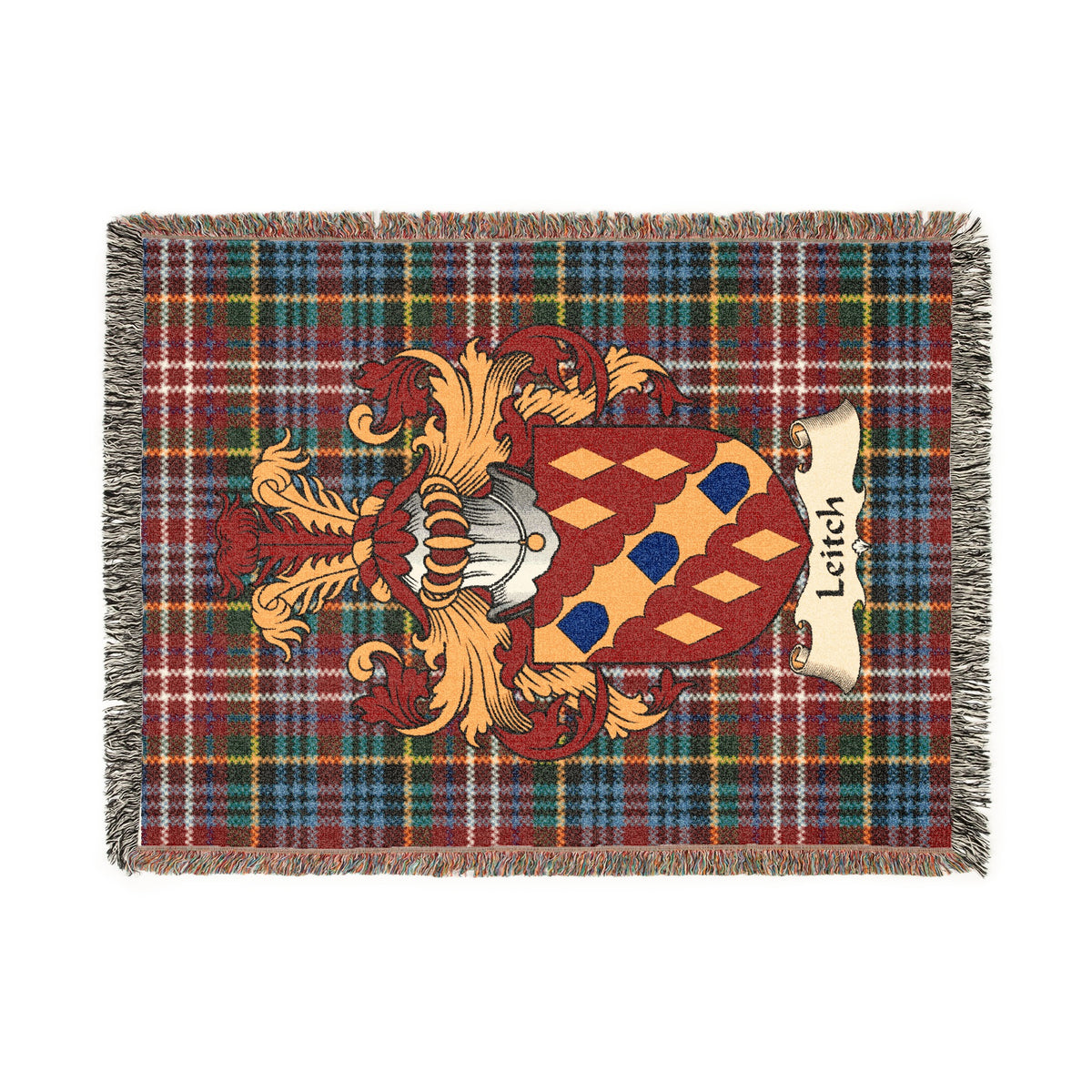 Leitch Scottish woven blanket with family shield and Caledonia tartan background