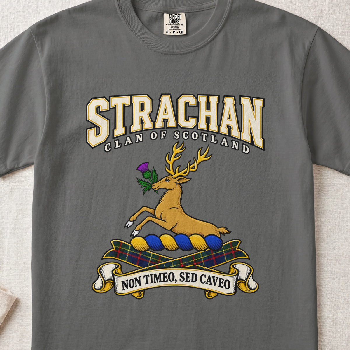 Strachan Scottish clan graphic T-shirt in Pepper, front view