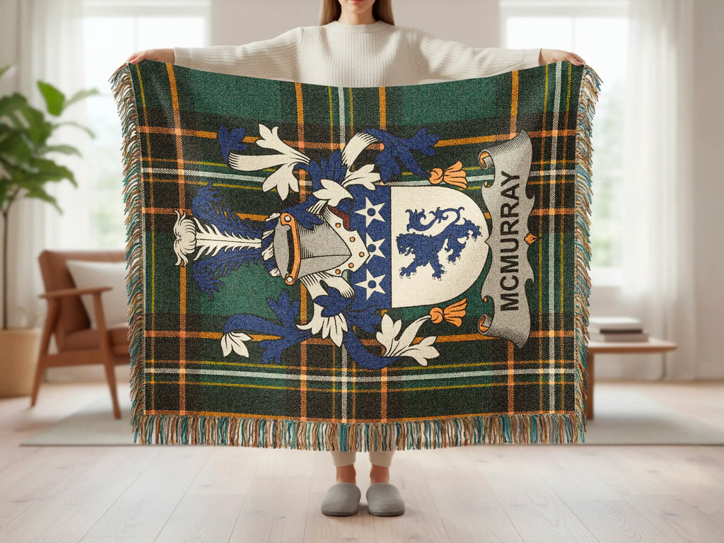 McMurray tartan throw blanket with family crest displayed.