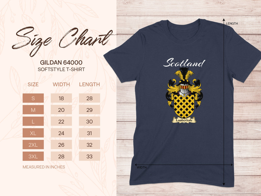 Gildan 64000 size chart for the Lauderdale unisex T-shirt, sizes S to 3XL