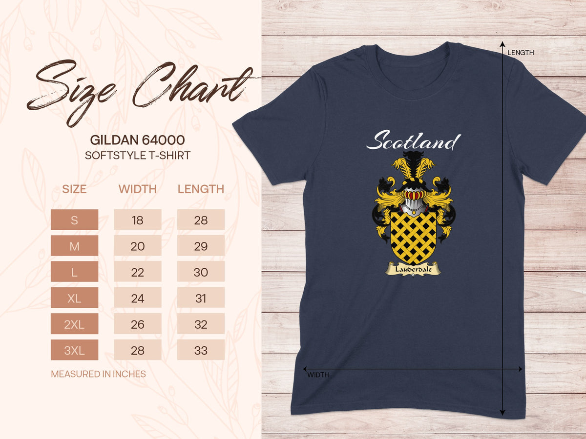 Gildan 64000 size chart for the Lauderdale unisex T-shirt, sizes S to 3XL